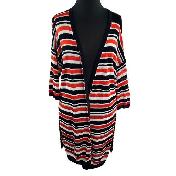 KAREN MILLEN Black Orange White Long Open Cardigan Stripe Side Slit Sz Medium M - Picture 2 of 12